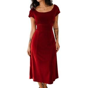 Kinji Japanese Vintage Red Velvet Off-Shoulder Midi Dress M